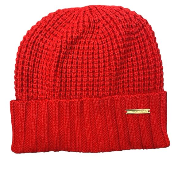Michael Kors Women's Red Gold Logo Waffle Knit Bonnet Beanie Hat Cap One Size - Picture 1 of 2